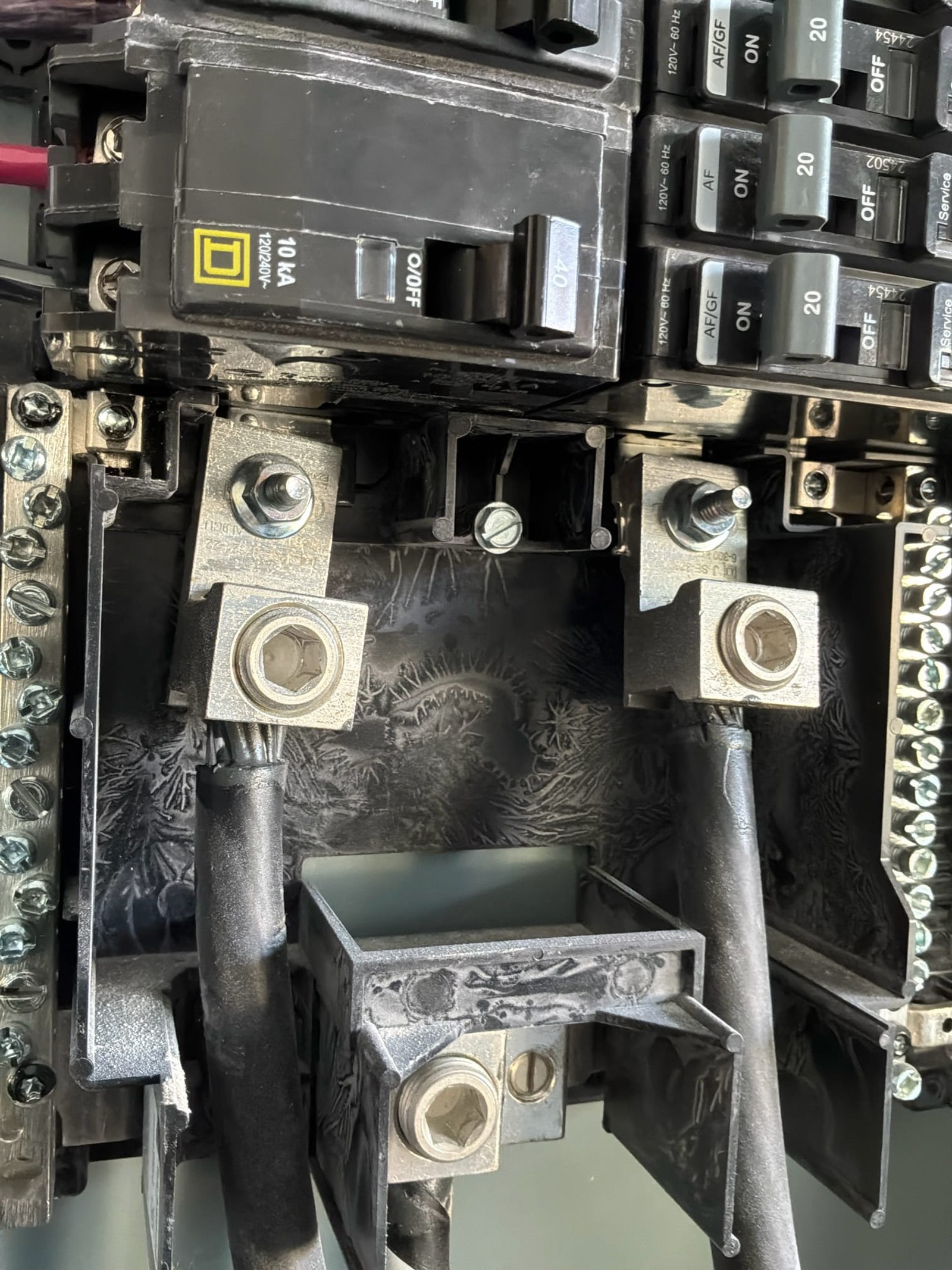 Panel interior showing multiple wire connections and lugs with exposed terminal connectors.