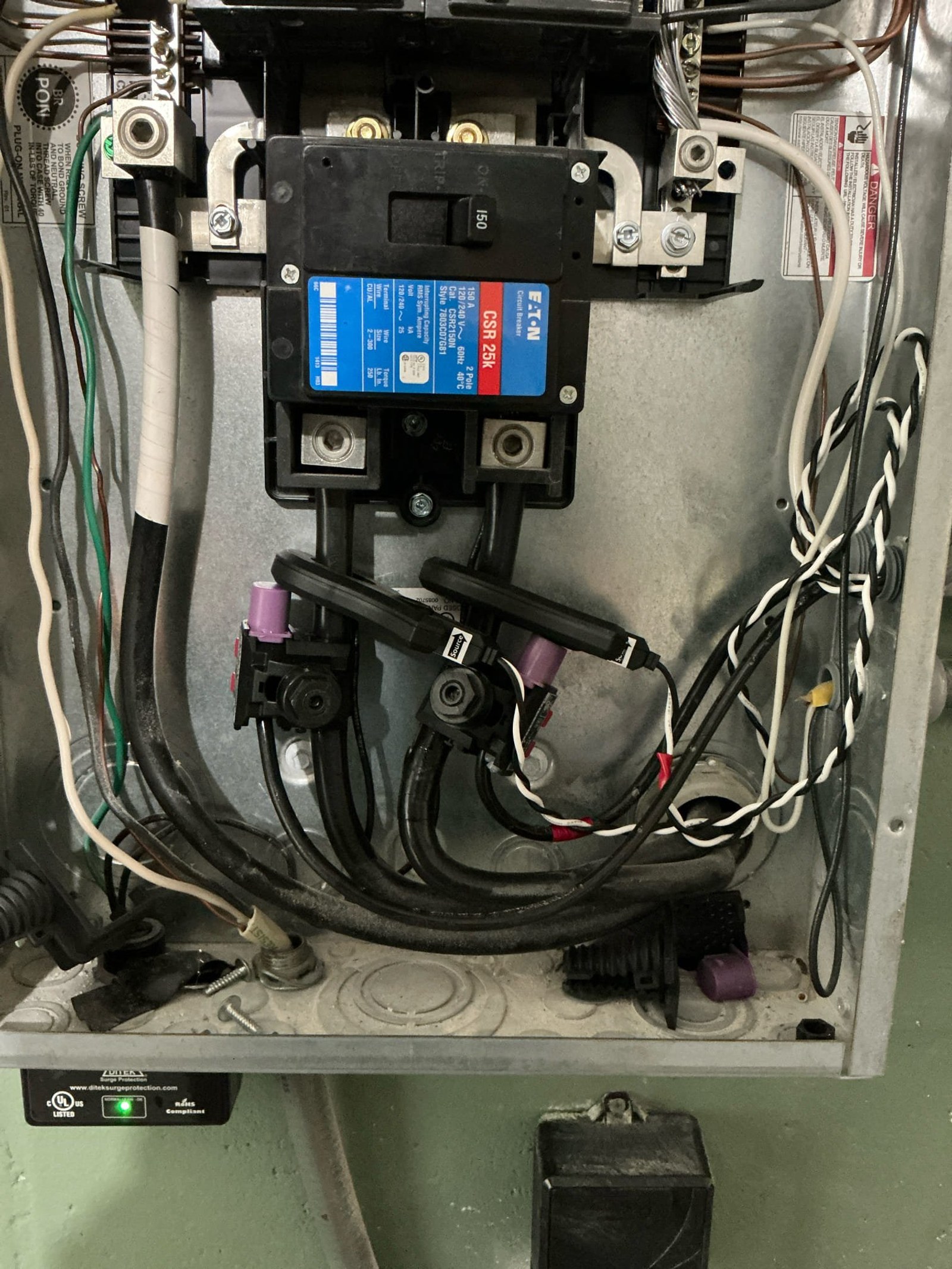 Main panel interior showing 150-amp meter disconnect with blue dual-power label, multiple large gauge conductors, purple wire caps, and white ceramic connectors indicating complex load additions.